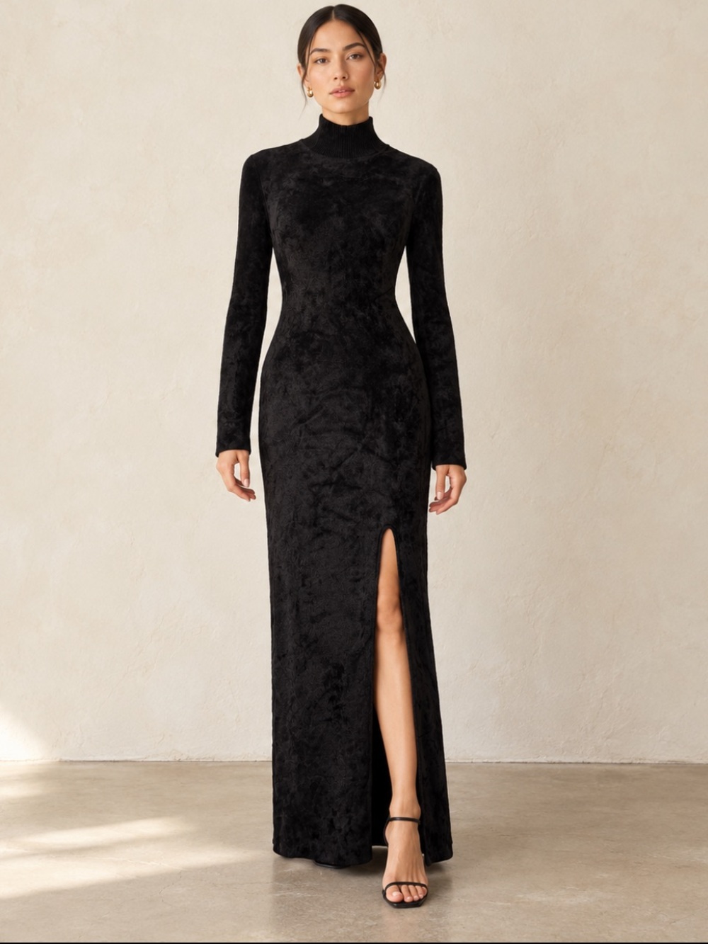 Nanushka Beyla Black Chenille Long Sleeve Turtleneck Maxi Slit Dress Large NWT
